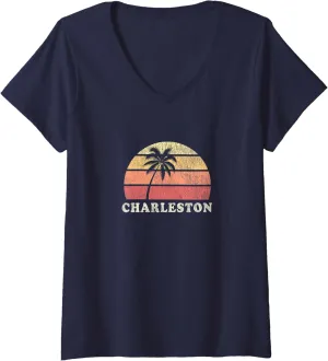 Womens Charleston SC Vintage 70s Retro Throwback Design V-Neck T-Shirt