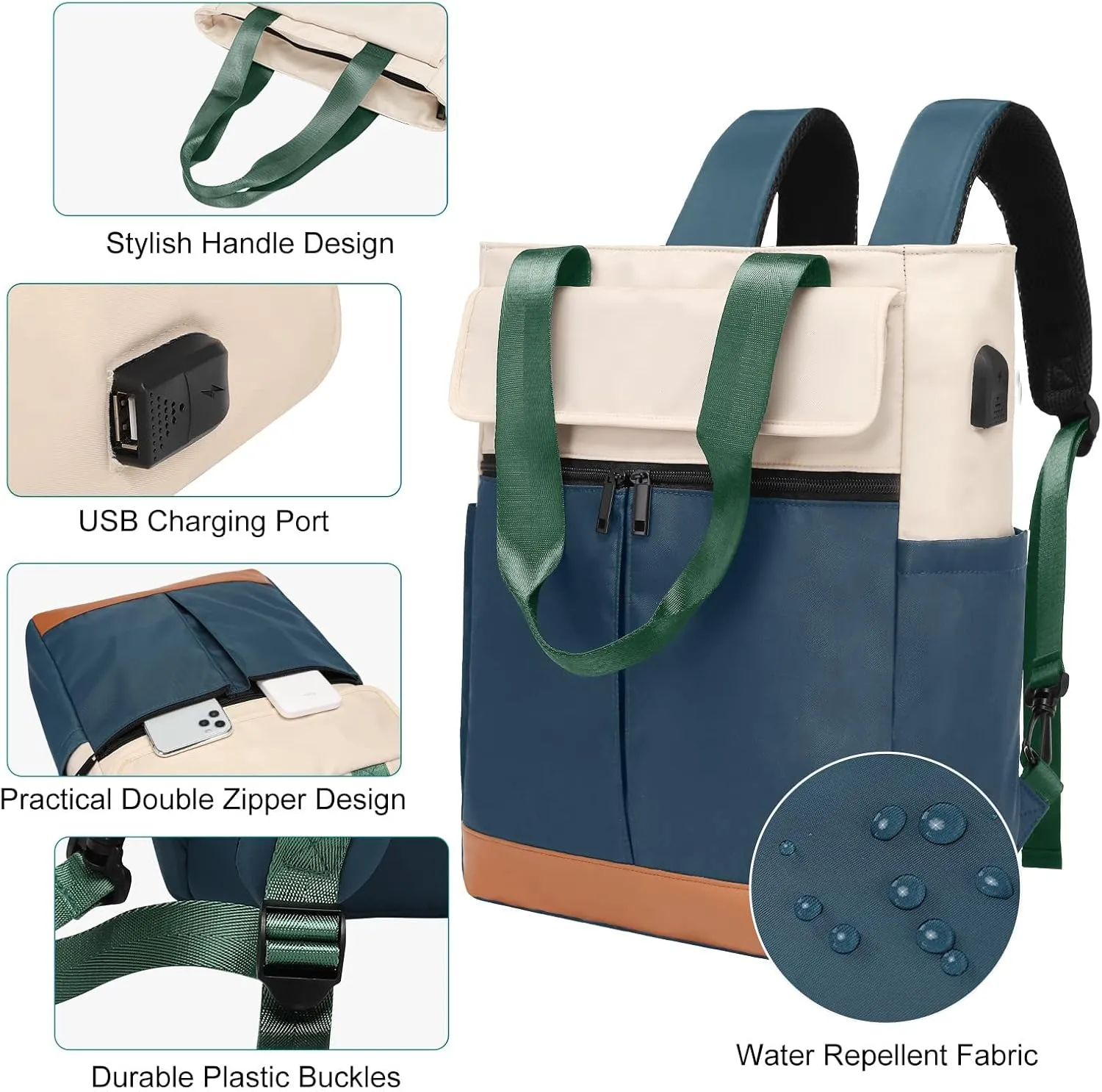 Women's Convertible Daypack Laptop Backpack, Computer Backpack Work Backpack with USB Charging Port
