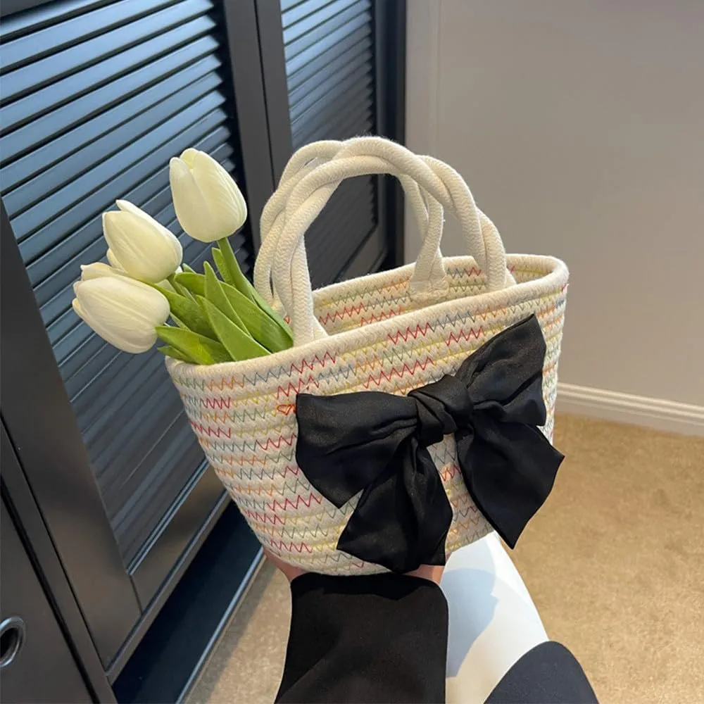 Women’s Cotton Tote Bags Handmade Tote Handbags with Bow Twisted Handles Summer Beach Bag Travel Shopping Handbag