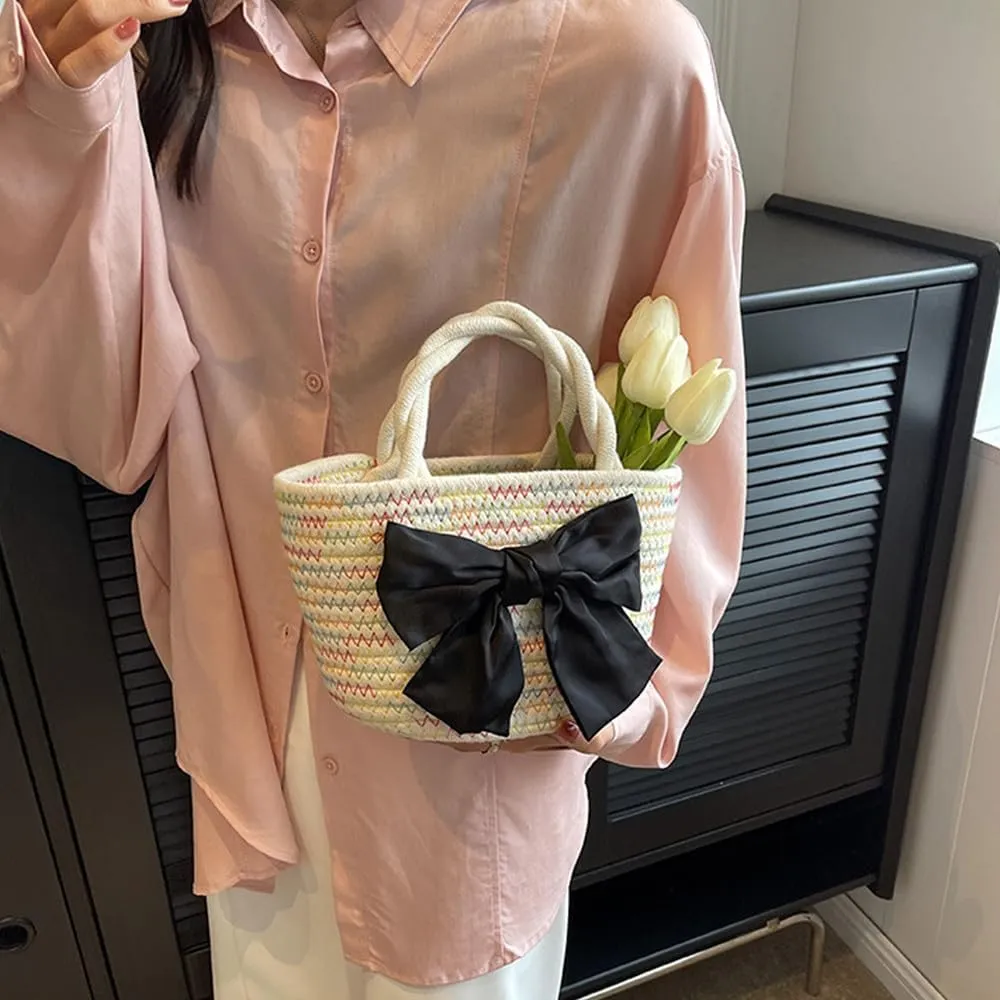 Women’s Cotton Tote Bags Handmade Tote Handbags with Bow Twisted Handles Summer Beach Bag Travel Shopping Handbag