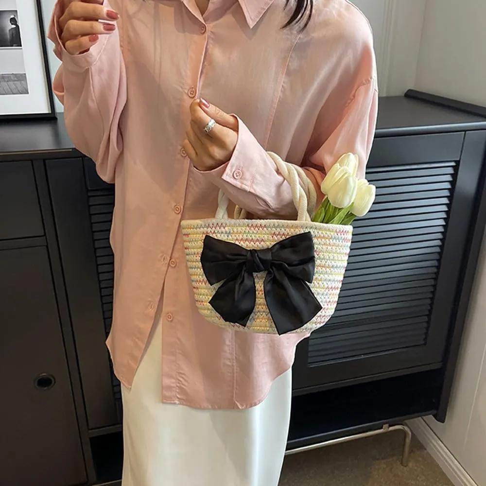 Women’s Cotton Tote Bags Handmade Tote Handbags with Bow Twisted Handles Summer Beach Bag Travel Shopping Handbag