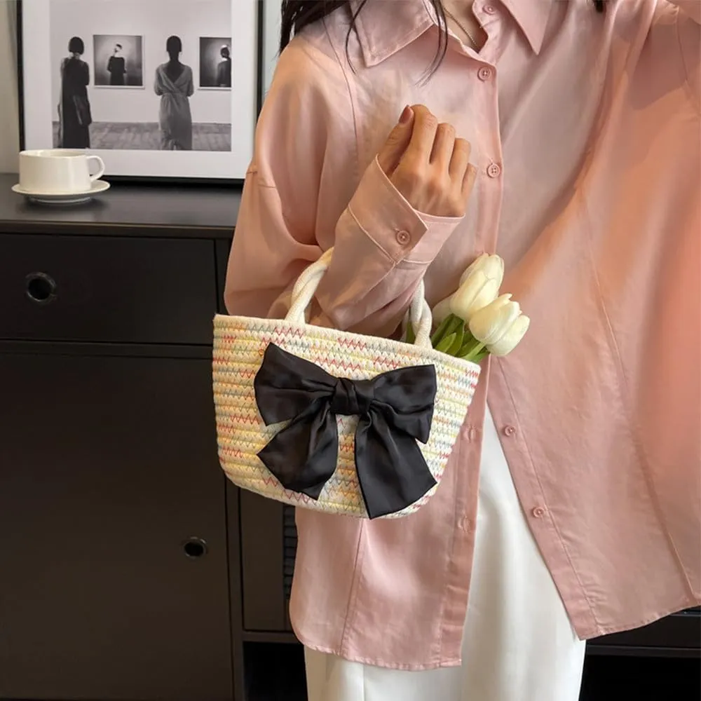 Women’s Cotton Tote Bags Handmade Tote Handbags with Bow Twisted Handles Summer Beach Bag Travel Shopping Handbag