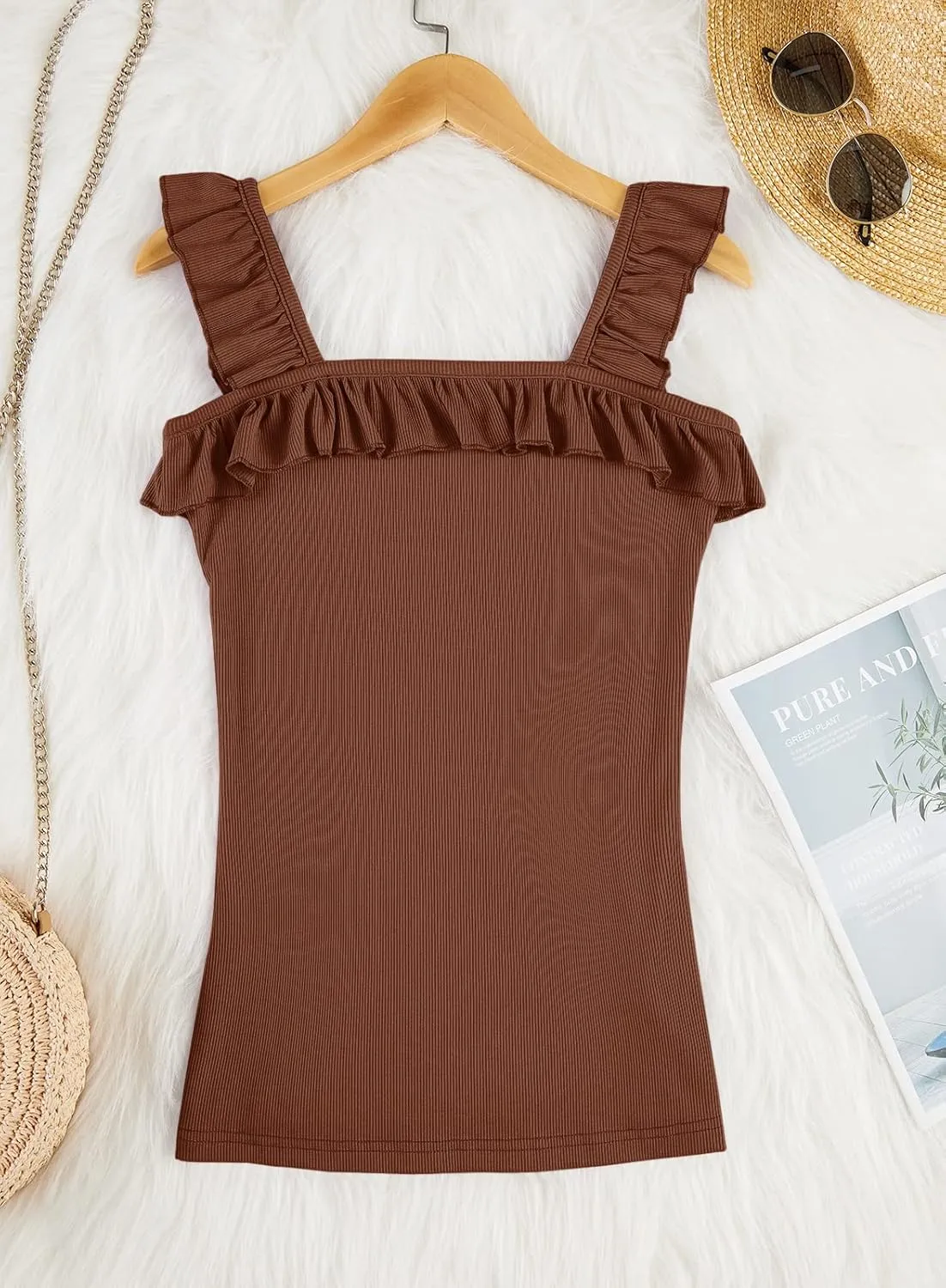 Womens Cute Sleeveless Tank Tops Ruffle Strap Square Neck Blouse Solid Color Knitted Camisole
