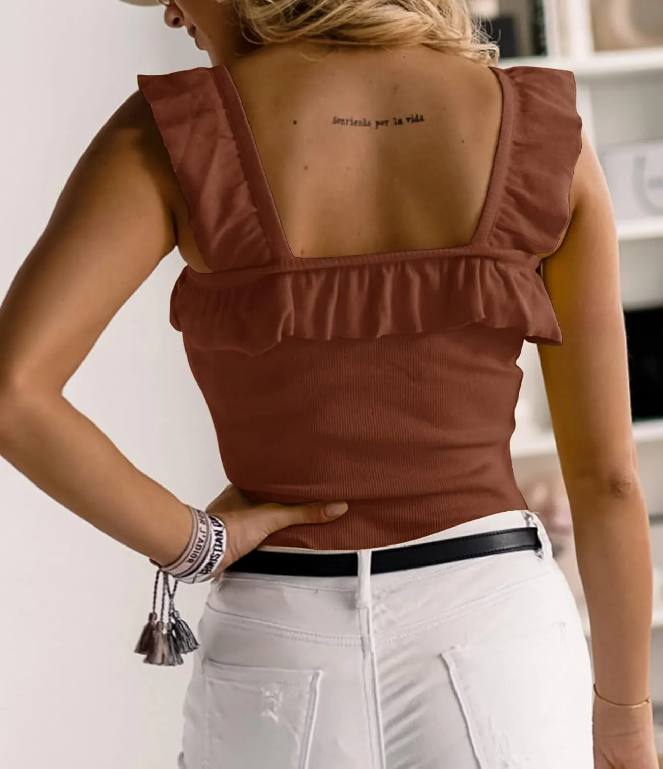 Womens Cute Sleeveless Tank Tops Ruffle Strap Square Neck Blouse Solid Color Knitted Camisole
