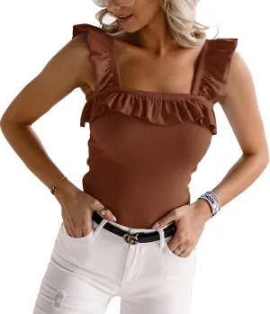 Womens Cute Sleeveless Tank Tops Ruffle Strap Square Neck Blouse Solid Color Knitted Camisole