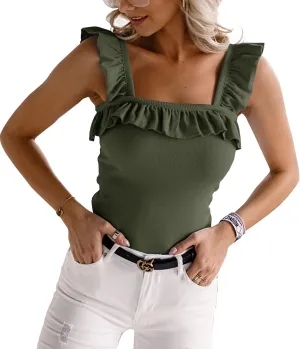 Womens Cute Sleeveless Tank Tops Ruffle Strap Square Neck Blouse Solid Color Knitted Camisole