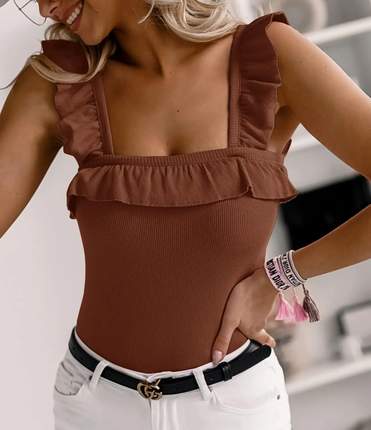 Womens Cute Sleeveless Tank Tops Ruffle Strap Square Neck Blouse Solid Color Knitted Camisole