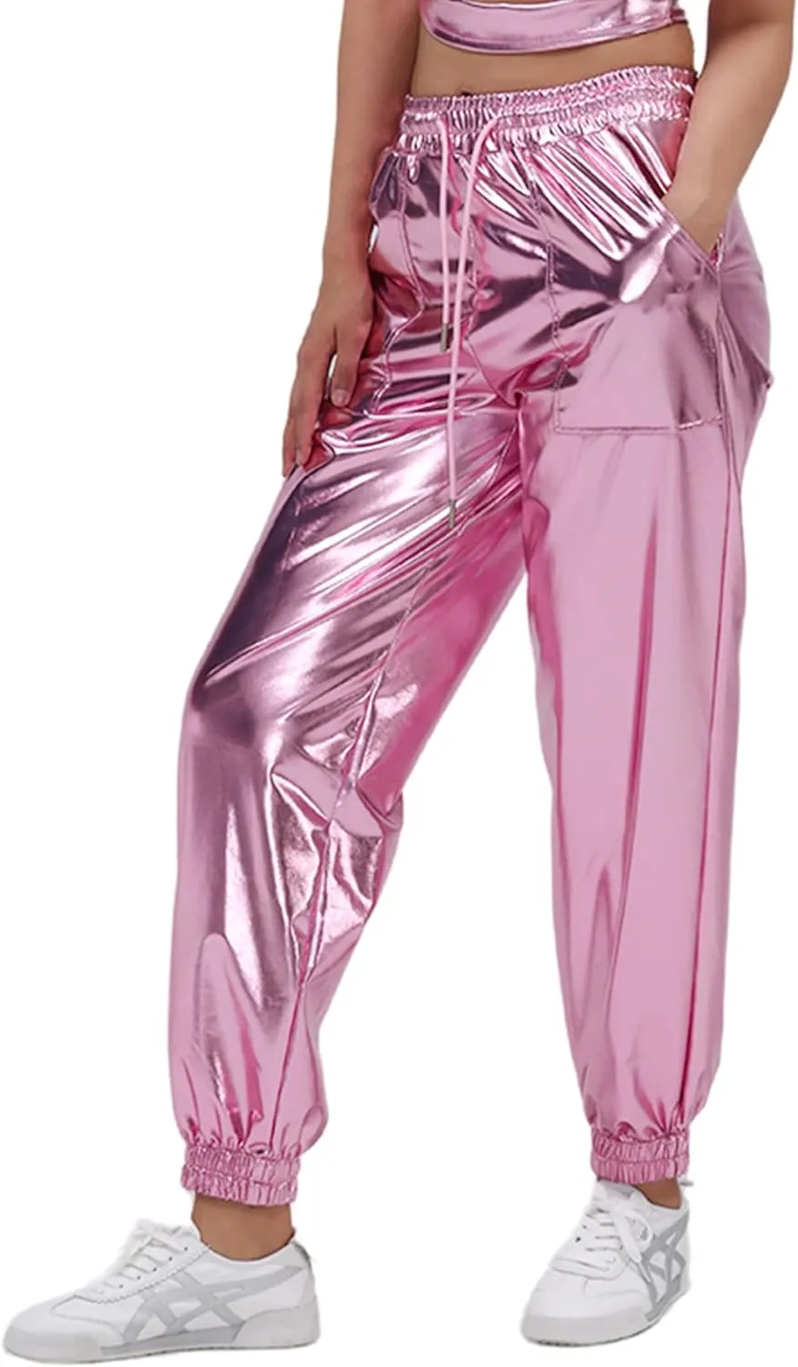 Womens Drawstring Cargo High Waist Jogger Pants Sexy Metallic Sparkly Wide Leg Pants Trousers Clubwear