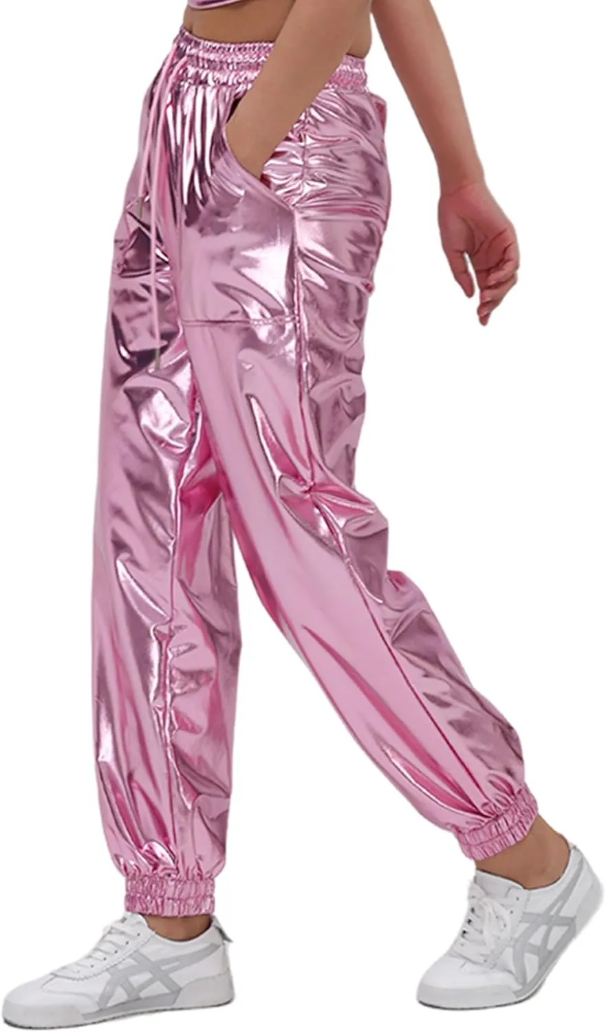 Womens Drawstring Cargo High Waist Jogger Pants Sexy Metallic Sparkly Wide Leg Pants Trousers Clubwear