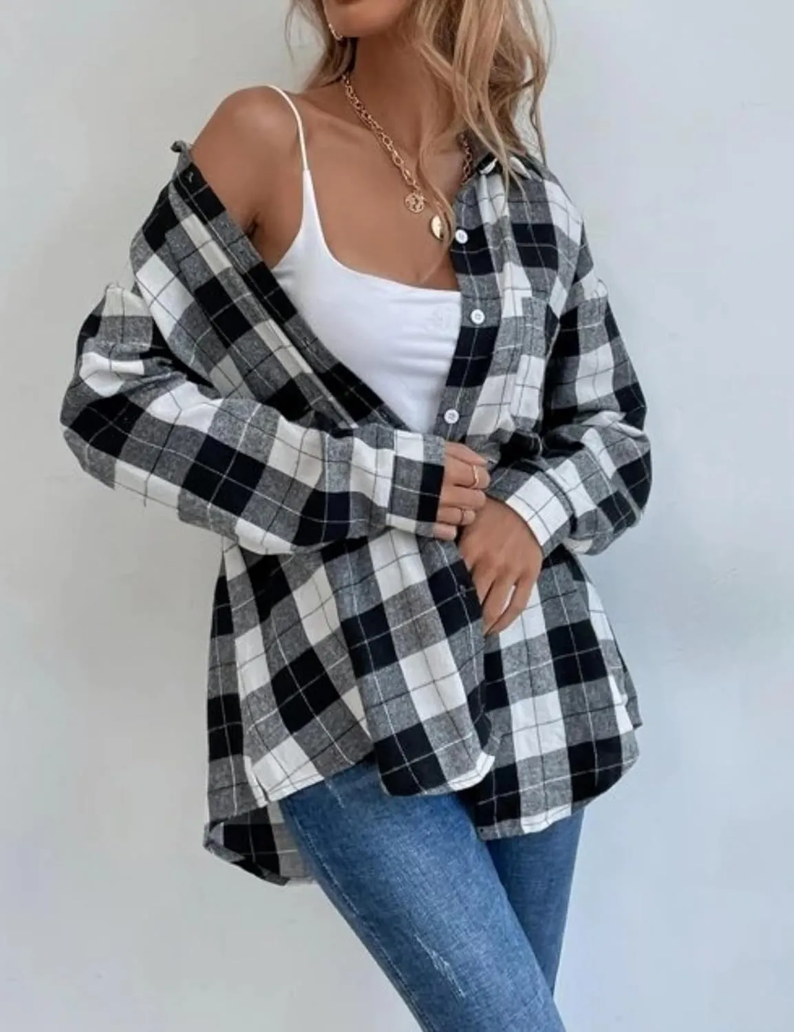 Womens Fashion Flannel Buffalo Plaid Shirt Button Down Long Sleeve Casual Loose Collared Shirts Blouse Top