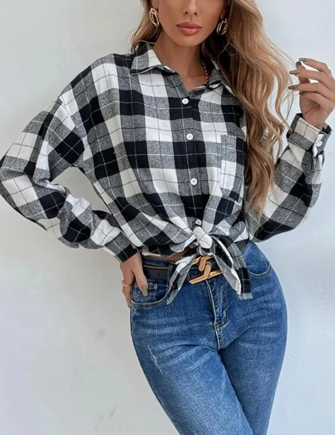 Womens Fashion Flannel Buffalo Plaid Shirt Button Down Long Sleeve Casual Loose Collared Shirts Blouse Top