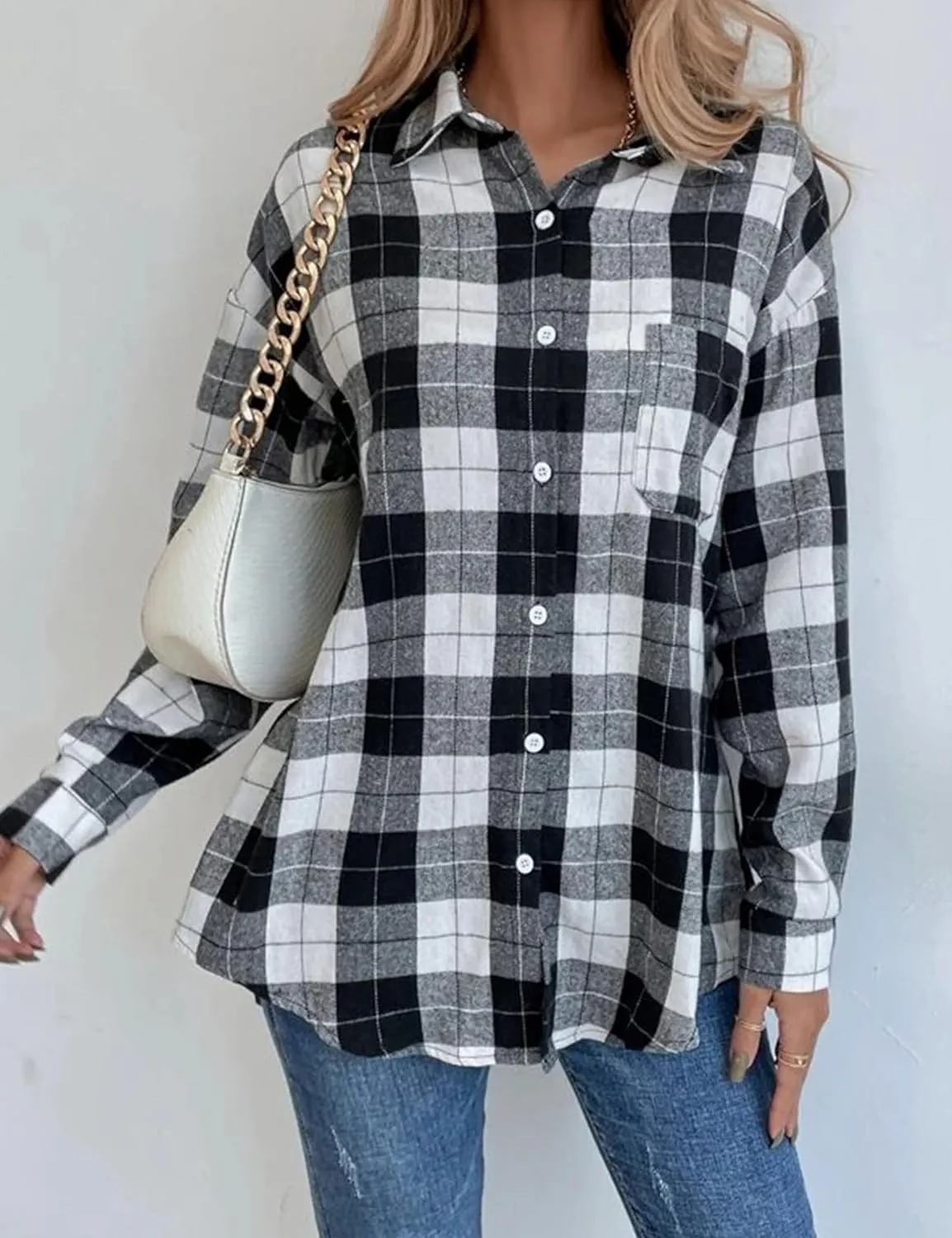 Womens Fashion Flannel Buffalo Plaid Shirt Button Down Long Sleeve Casual Loose Collared Shirts Blouse Top