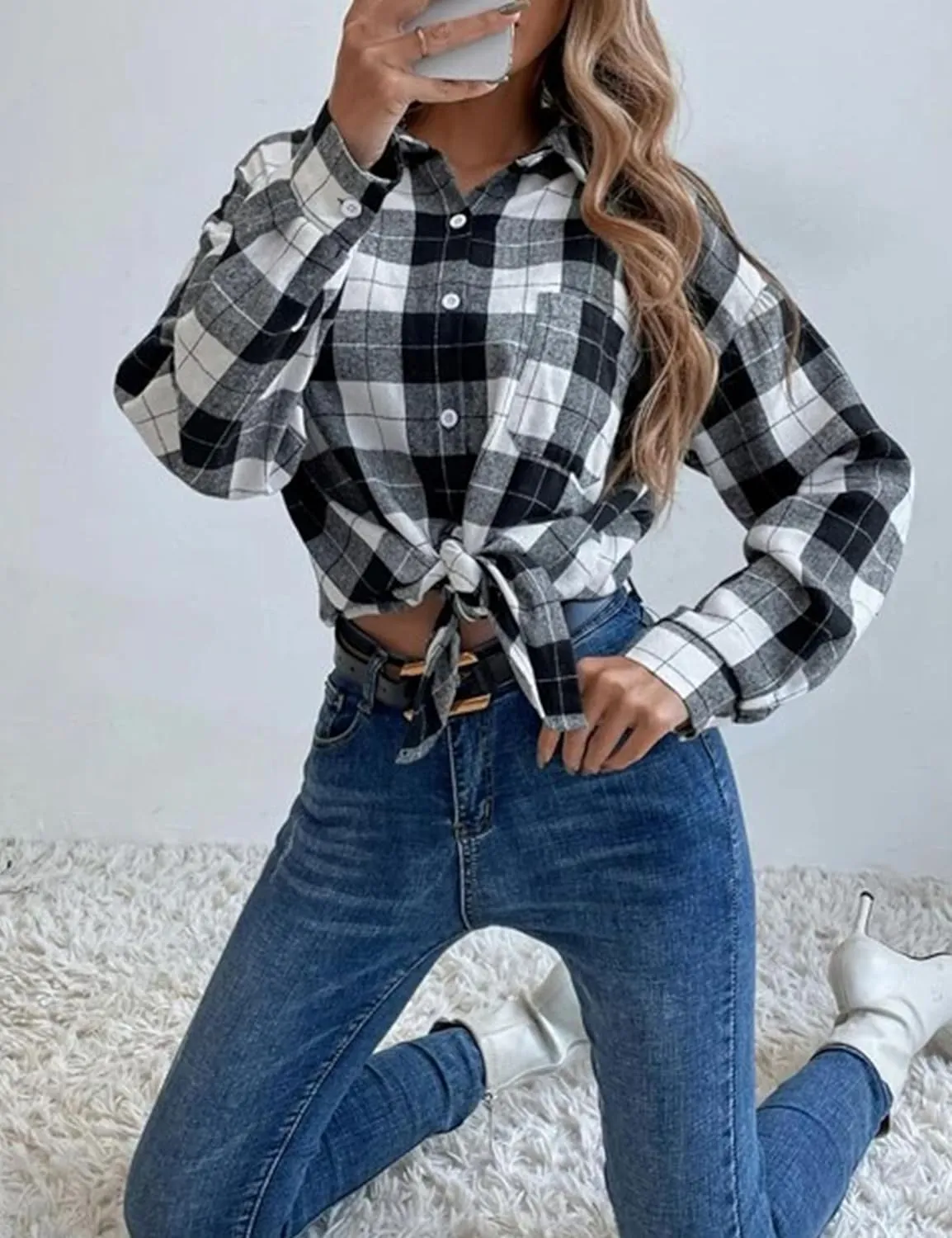 Womens Fashion Flannel Buffalo Plaid Shirt Button Down Long Sleeve Casual Loose Collared Shirts Blouse Top