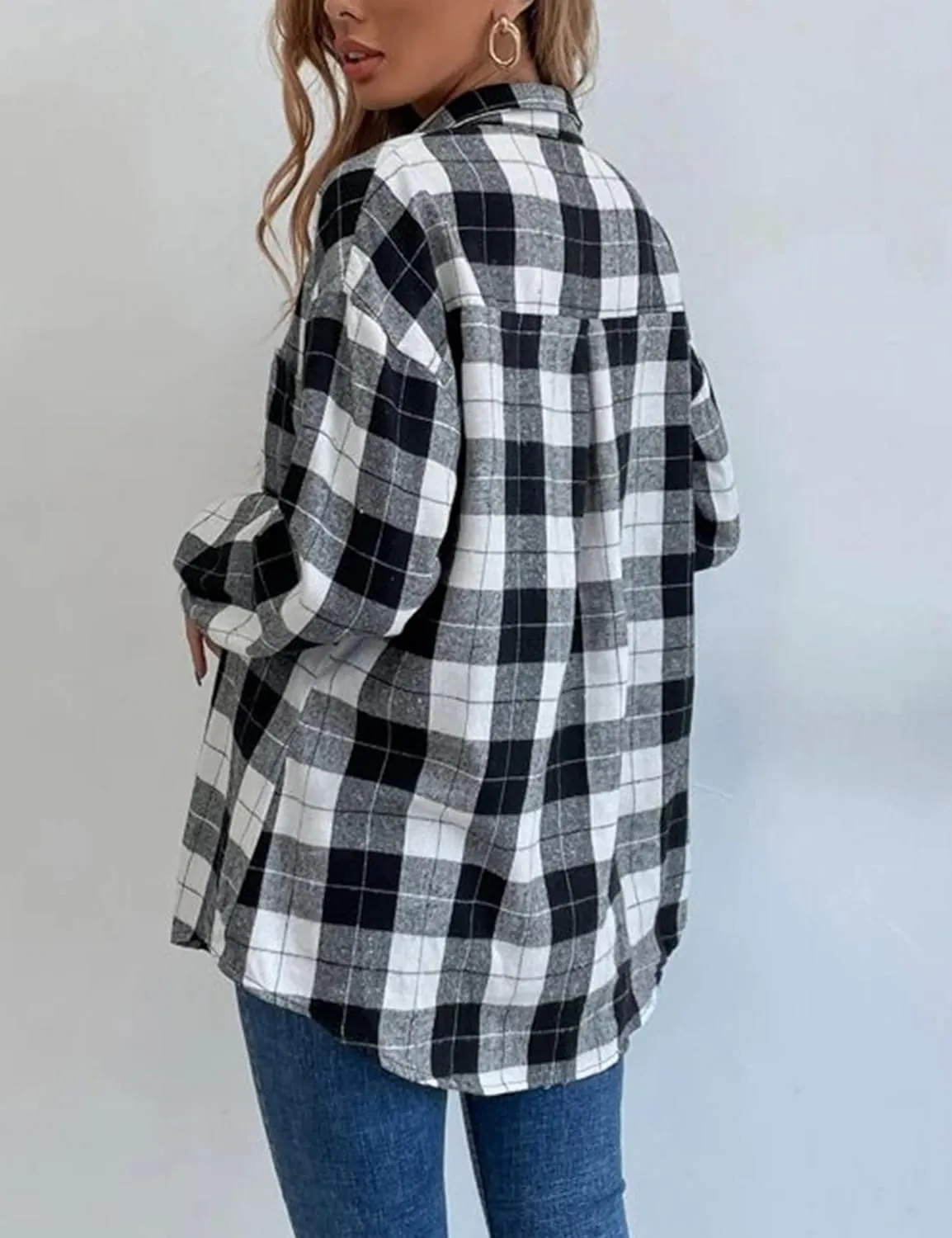 Womens Fashion Flannel Buffalo Plaid Shirt Button Down Long Sleeve Casual Loose Collared Shirts Blouse Top