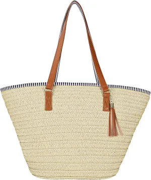 Womens Large Straw Shoulder Bag Beach Tote Handbag Purse with Tassel for Summer