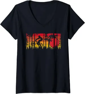 Womens Mountain Biking Forest Trail Sunset Cyclist Nature V-Neck T-Shirt