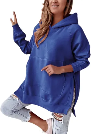 Womens Side Split Oversized Hoodies Sweatshirt Casual Solid Loose Fit Raglan Sleeve Pullover Tops with Kangroo Pocket