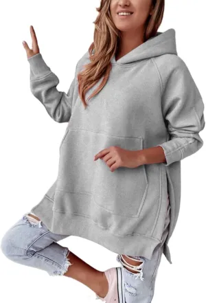 Womens Side Split Oversized Hoodies Sweatshirt Casual Solid Loose Fit Raglan Sleeve Pullover Tops with Kangroo Pocket
