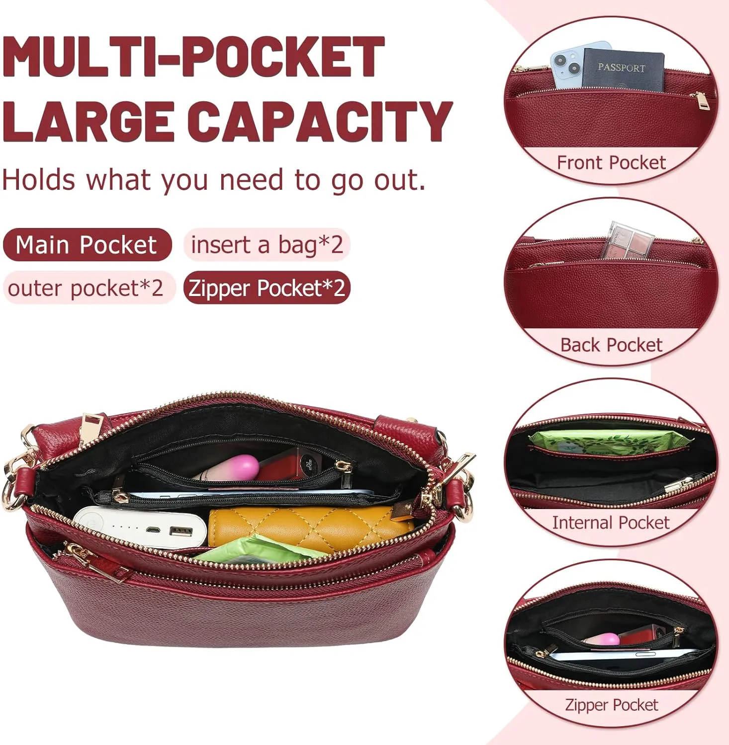 Women's Small Crossbody Bags Lady Cow Leather Shoulder Handbag Purse with 3 Shoulder Straps