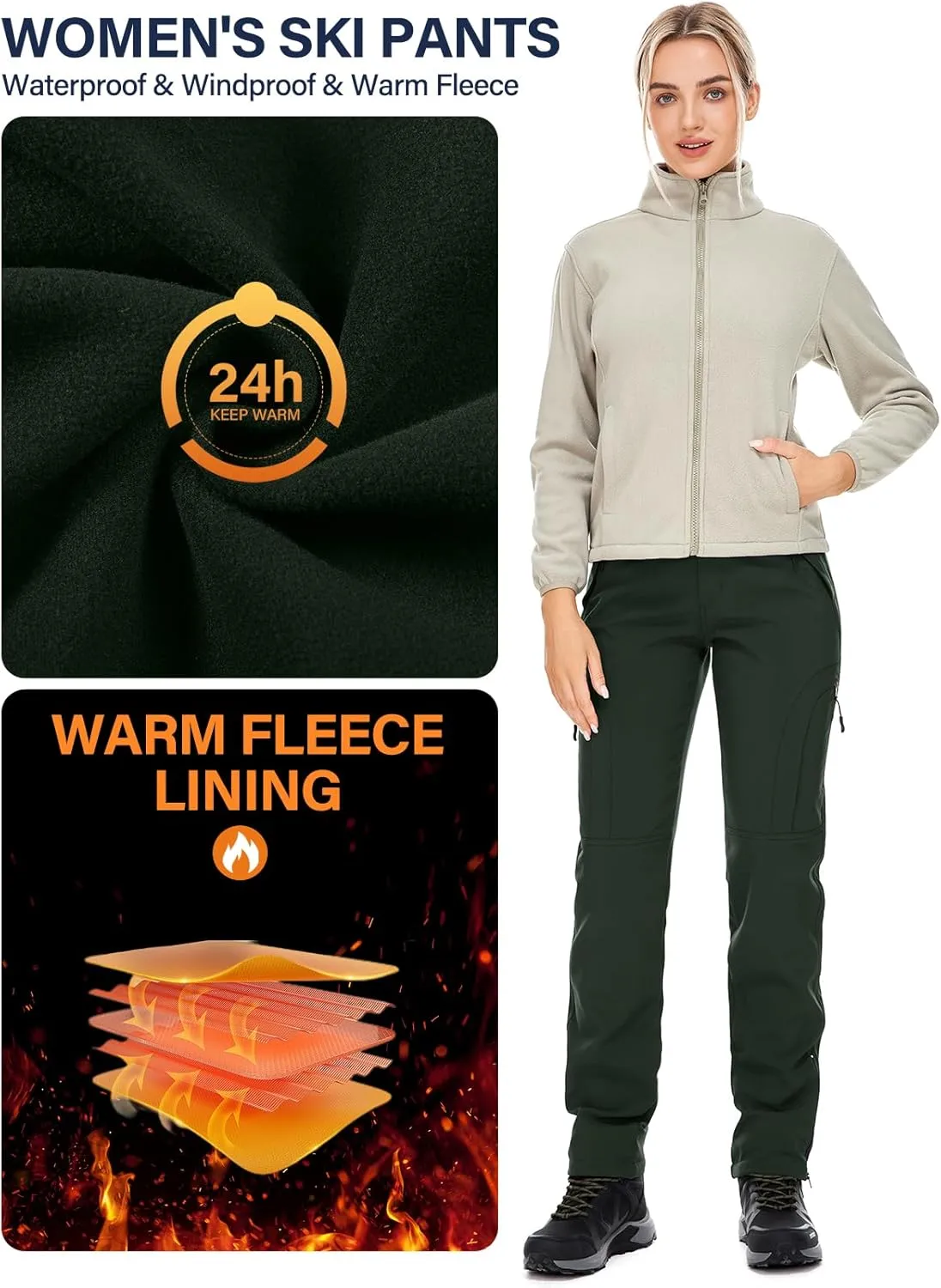 Womens Snow Pants Winter Waterproof Outdoor Soft Shell Fleece Linded Cargo Ski Hiking Pants