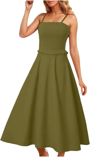 Womens Spaghetti Strap Square Neck Smocked Sundress Boho Long Dresses Swing Aline Midi Dress