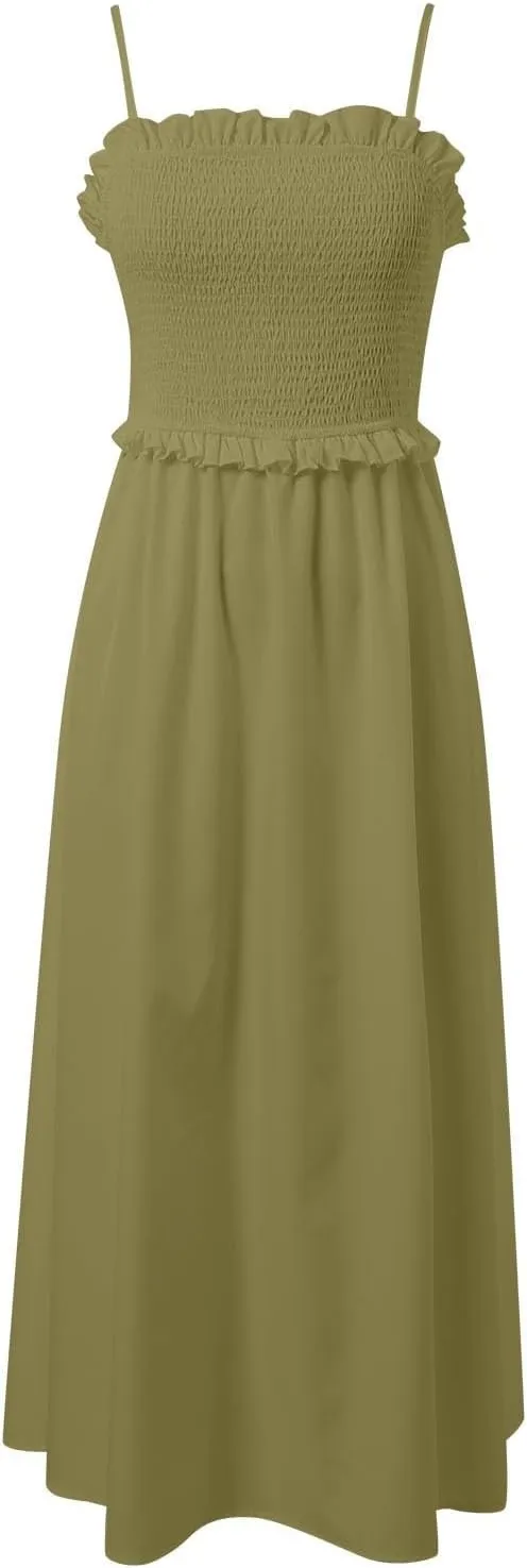 Womens Spaghetti Strap Square Neck Smocked Sundress Boho Long Dresses Swing Aline Midi Dress