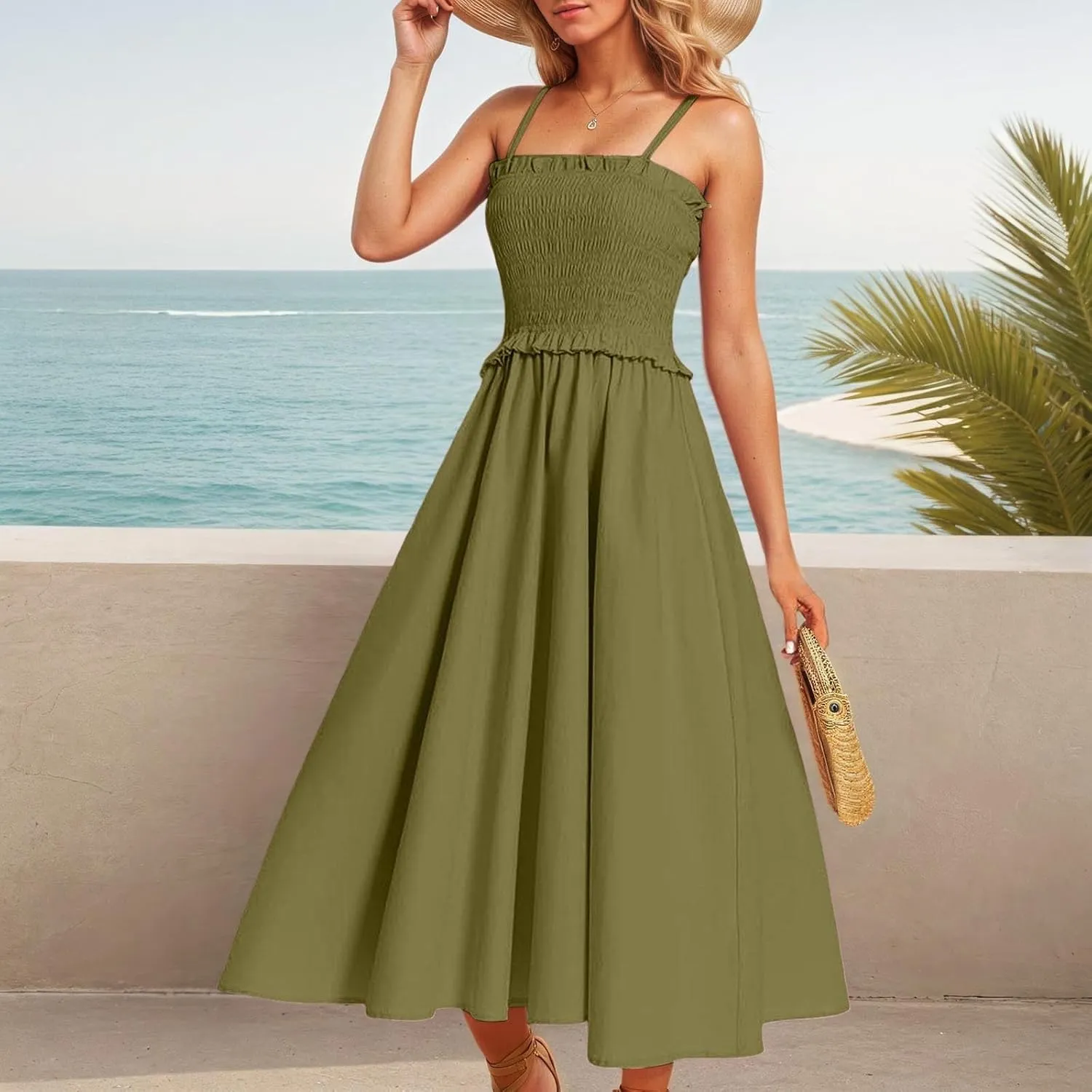 Womens Spaghetti Strap Square Neck Smocked Sundress Boho Long Dresses Swing Aline Midi Dress