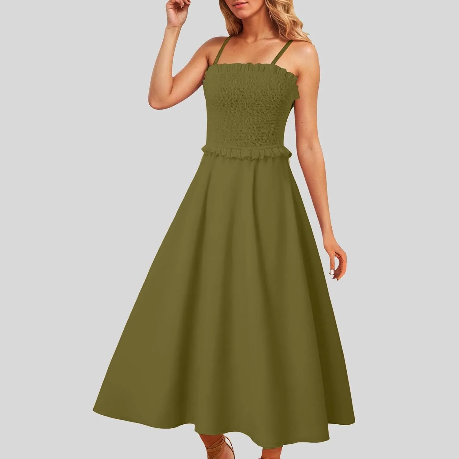 Womens Spaghetti Strap Square Neck Smocked Sundress Boho Long Dresses Swing Aline Midi Dress