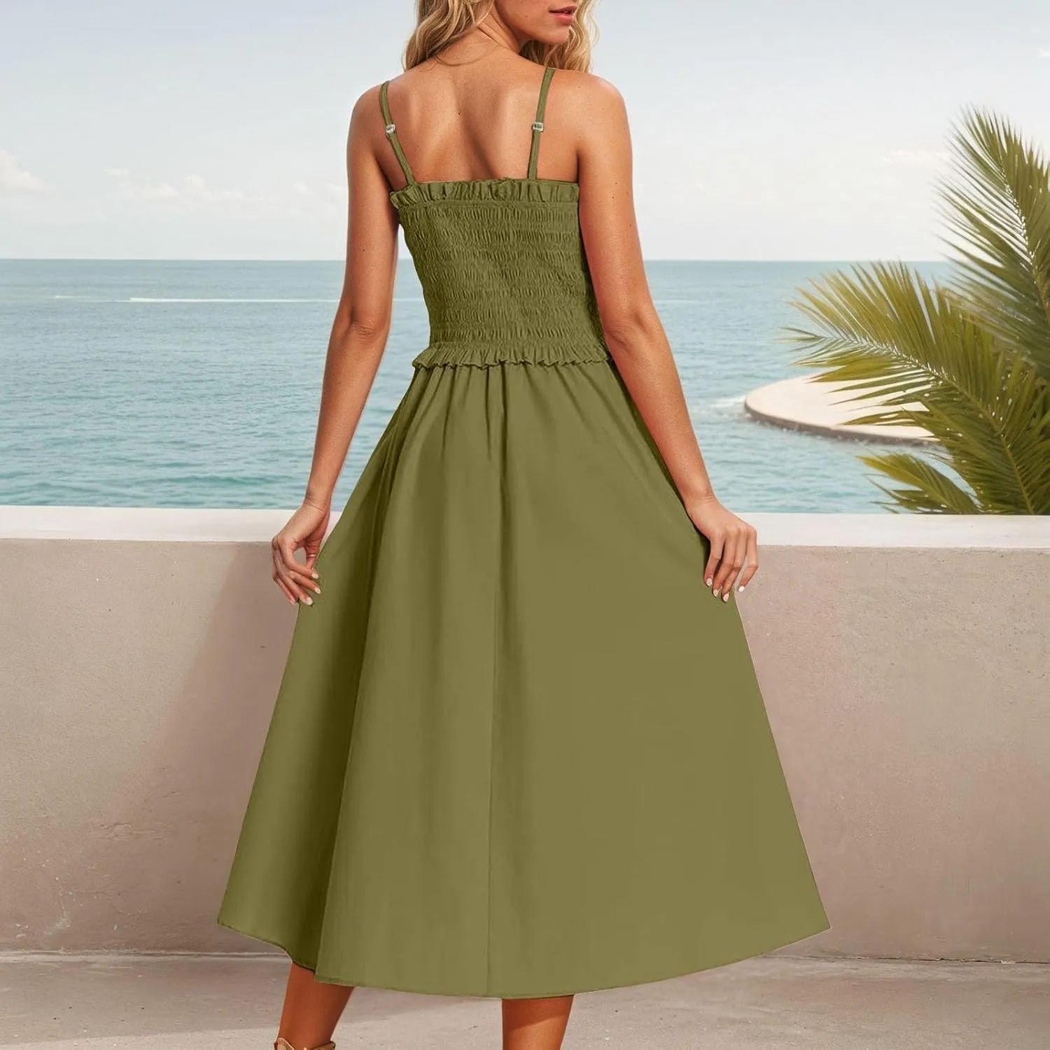 Womens Spaghetti Strap Square Neck Smocked Sundress Boho Long Dresses Swing Aline Midi Dress