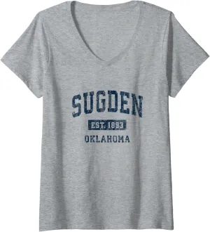Womens Sugden Oklahoma OK Vintage Athletic Sports Design V-Neck T-Shirt