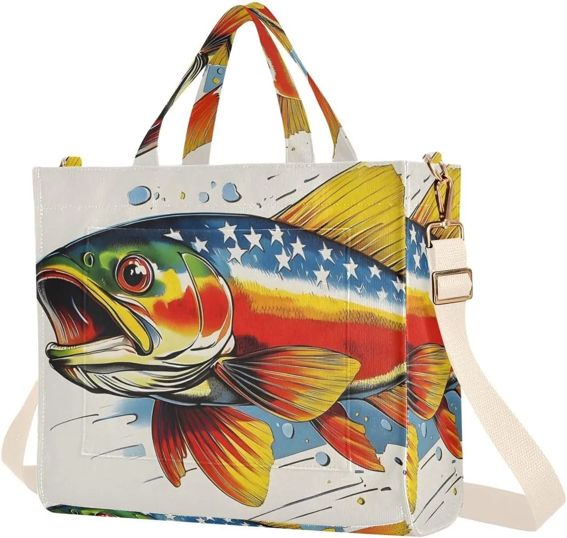 Women's Tote Bag Trout America Print, Corduroy Handbags Purses with Detachable Strap Small
