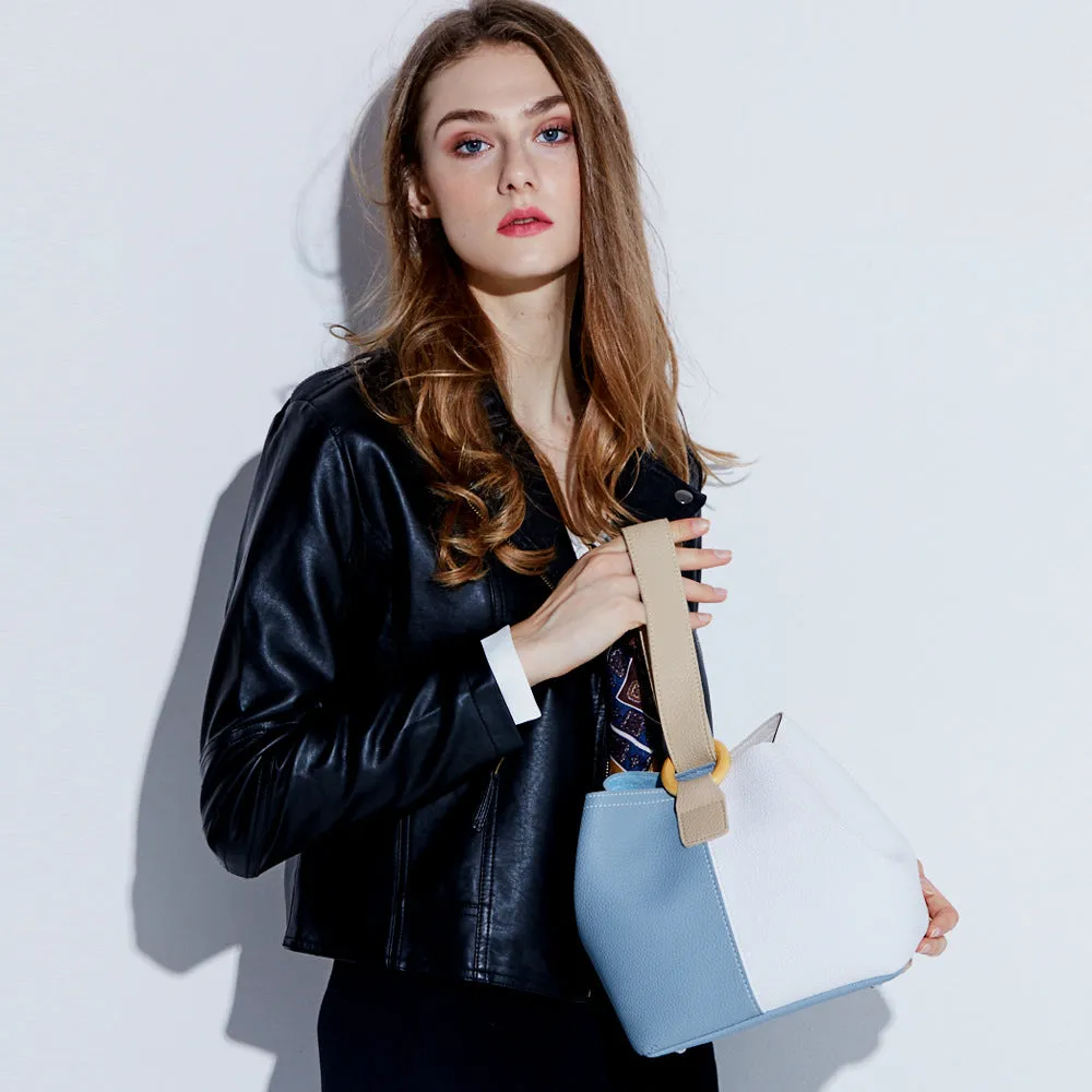 Women's Tote Collection 2019 Genuine Leather women's bag, bucket bag, European and American fashion handbags, one shoulder bags satchel (Blue fight white)