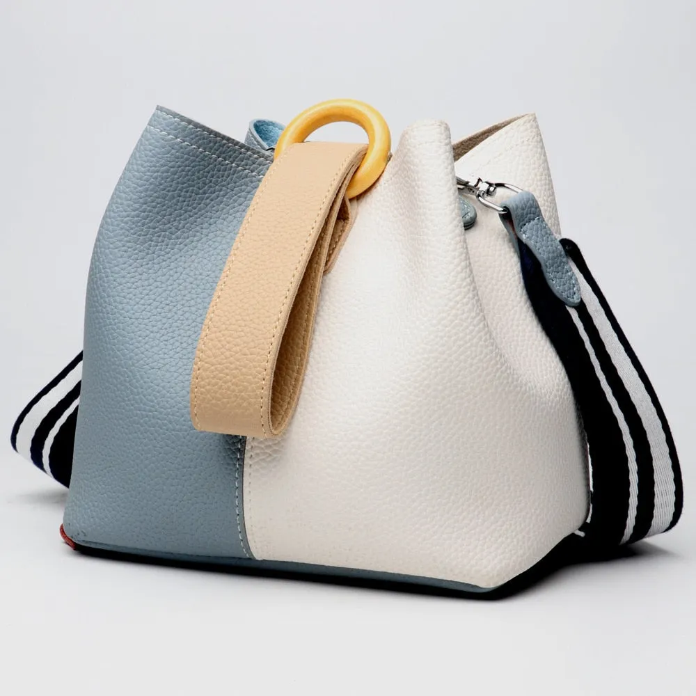 Women's Tote Collection 2019 Genuine Leather women's bag, bucket bag, European and American fashion handbags, one shoulder bags satchel (Blue fight white)