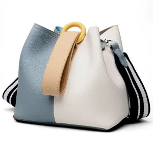 Women's Tote Collection 2019 Genuine Leather women's bag, bucket bag, European and American fashion handbags, one shoulder bags satchel (Blue fight white)