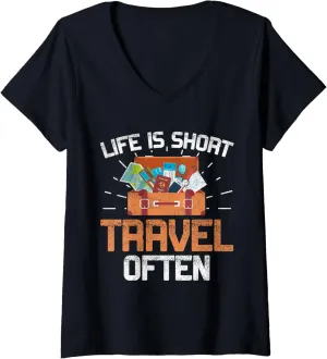 Womens Travel Explore Outdoors Wanderlust Tourism Tourist Landscape V-Neck T-Shirt