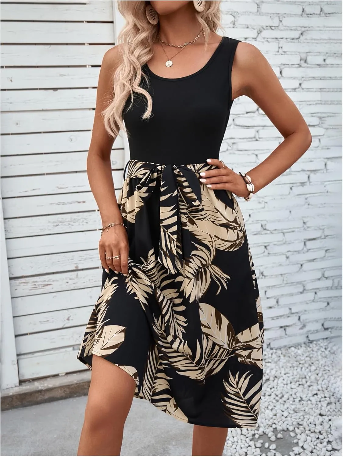 Women's Tropical Print Tank Dress Crew Neck Sleeveless Short Dresses with Belted