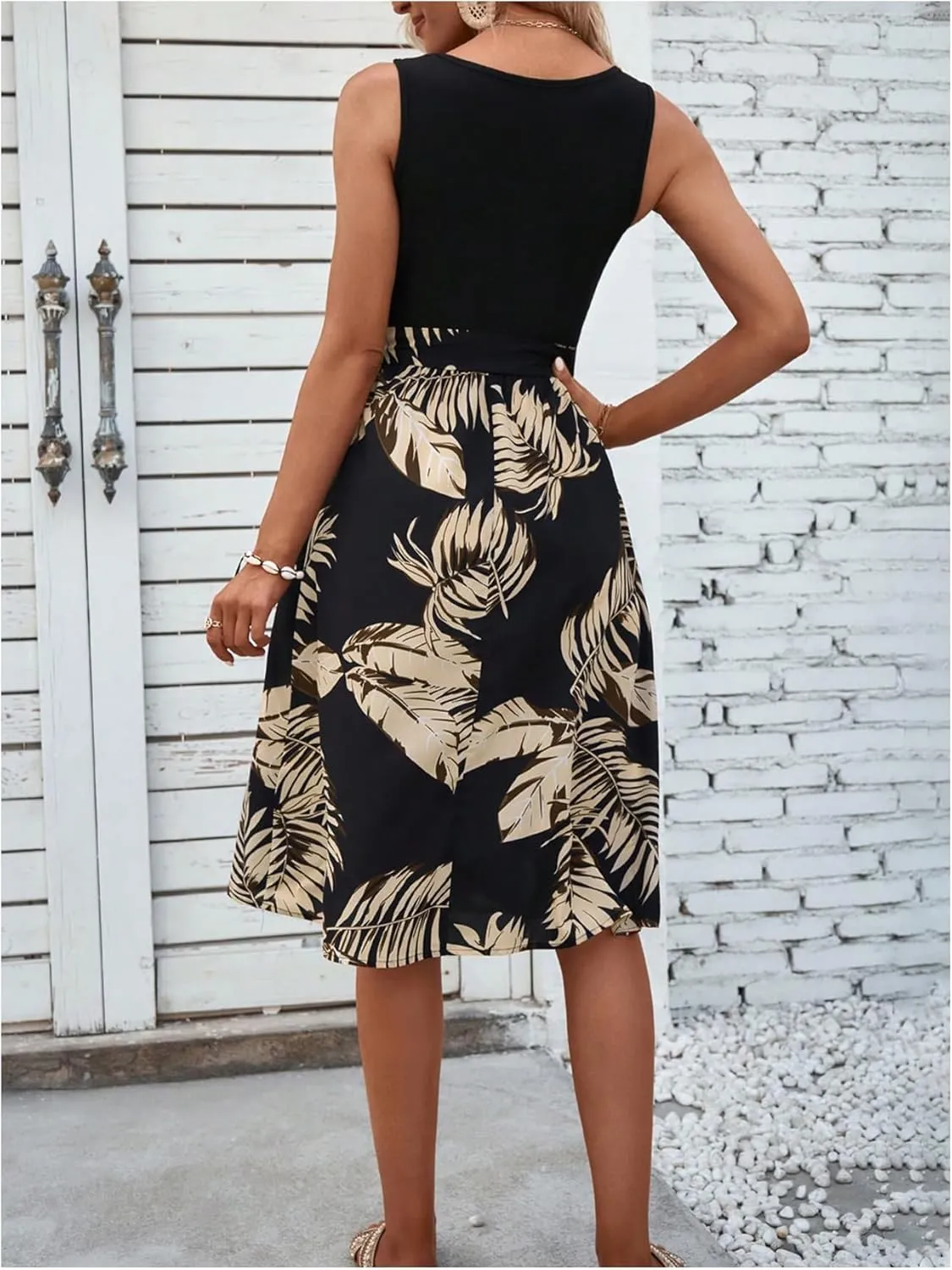 Women's Tropical Print Tank Dress Crew Neck Sleeveless Short Dresses with Belted