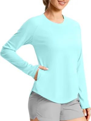 Women's UPF50  Sun Protection Shirts with Zip Pocket Long Sleeve Workout Tops for Swimming Hiking Quick Dry Rash Guard