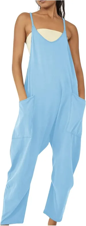 Women's V Neck Sleeveless Jumpsuits Adjustable Strap Romper with Pockets Loose Stretchy Spaghetti Straps Harem Pants