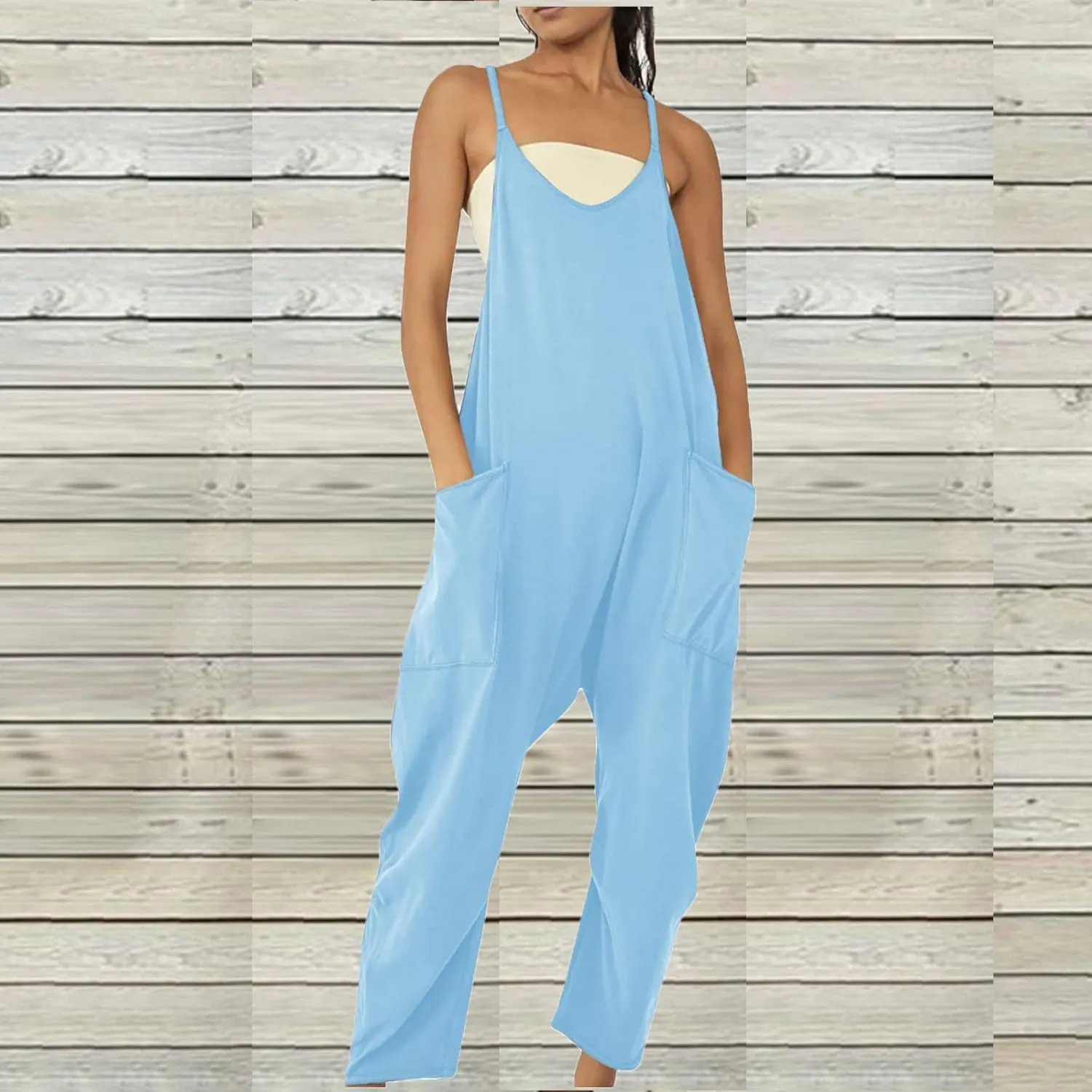Women's V Neck Sleeveless Jumpsuits Adjustable Strap Romper with Pockets Loose Stretchy Spaghetti Straps Harem Pants