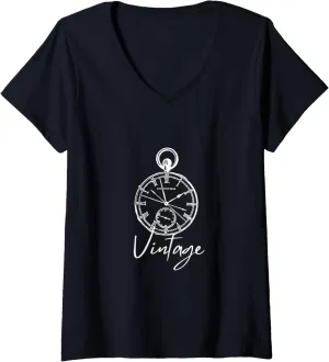 Womens Vintage Old Soul Vintage Pocket Watch Old School Watch V-Neck T-Shirt