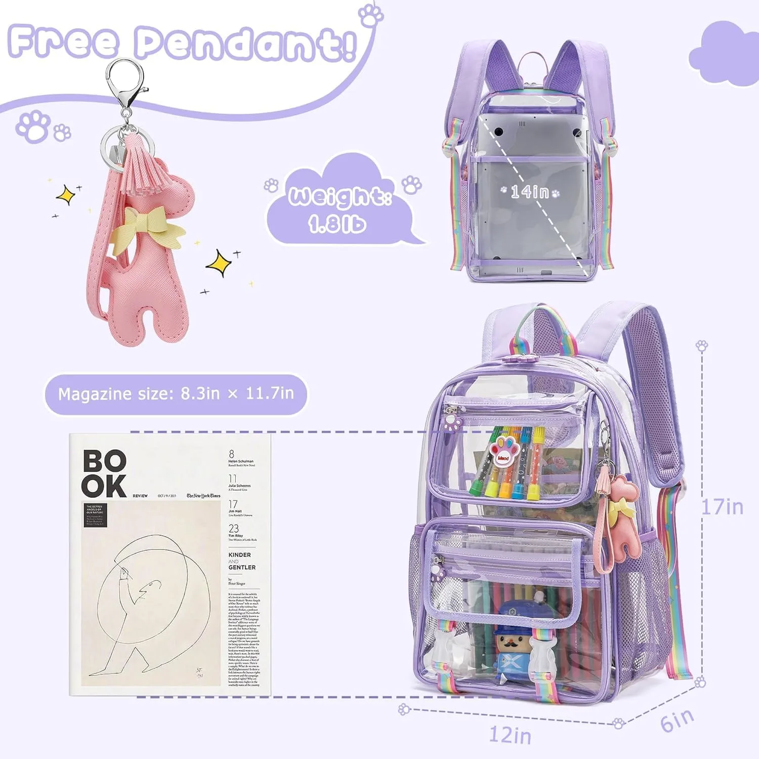 Wonder Comfort Clear Backpack Stadium Approved Heavy Duty Large Transparent Bag with Anti-Theft Pocket for School, Work, and Events