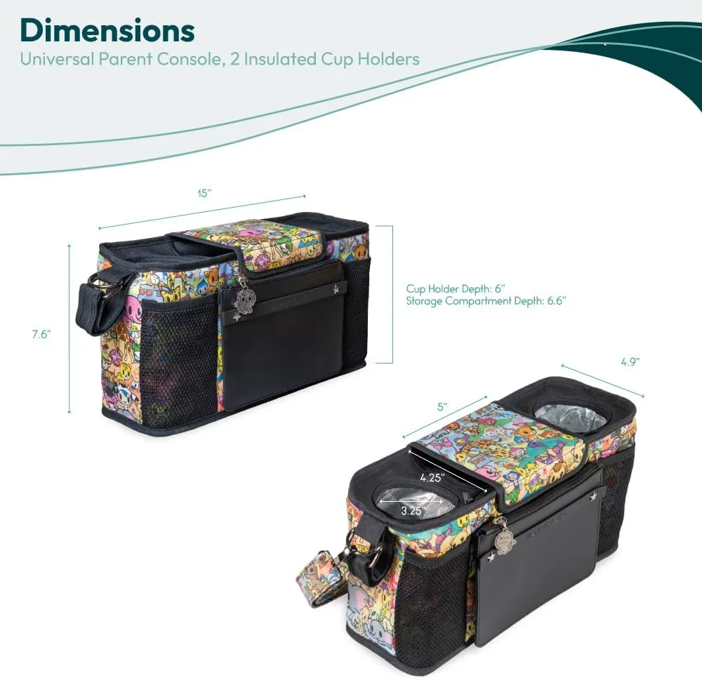 WONDERFOLD Universal Parent Console Stroller Organizer with Insulated Cup Holders, Hook & Loop Closure Handle Attachment, 2 Storage Pockets, Removable Shoulder Strap for Easy Transport