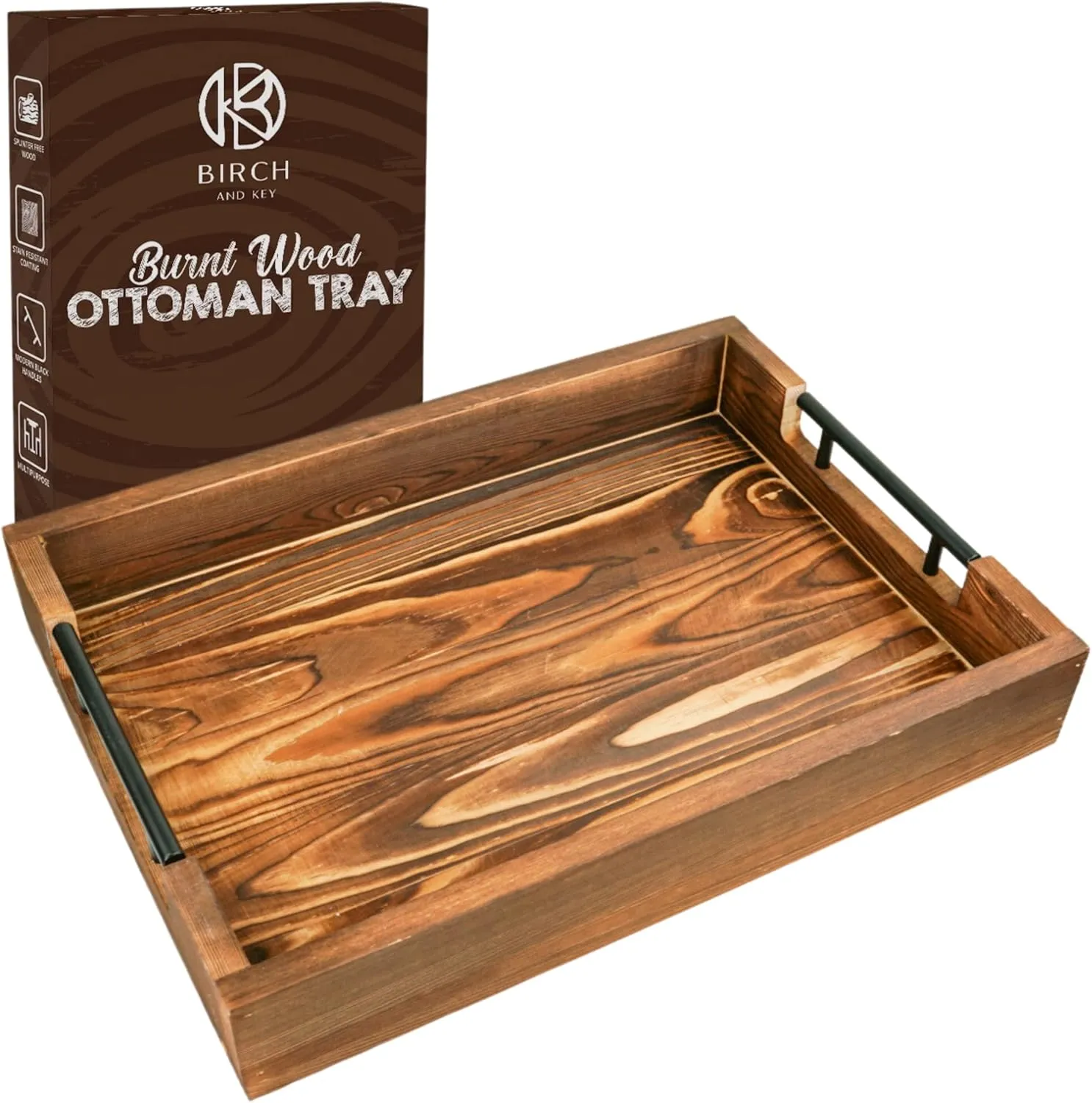 Wooden Serving Tray – Ottoman Tray - Modern Decorative Trays with Metal Handles – Coffee Table Tray for Living Room, Bedroom, Entryway & Kitchen – Table, Couch & Food Tray