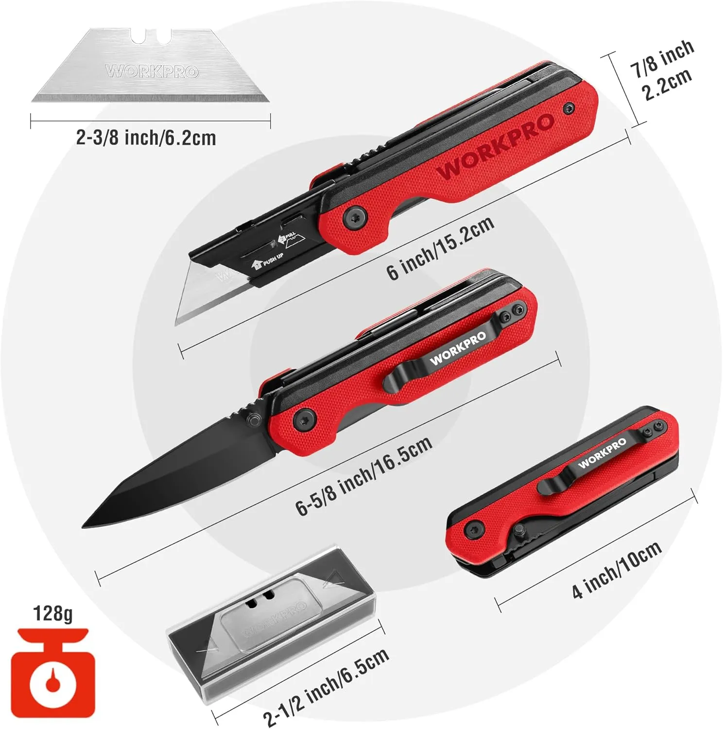 WORKPRO 2-in-1 Folding Knife/Utility Knife, Quick-Change Box Cutter with Belt Clip, Liner Lock, and G10 Handle, Extra 10 SK5 Blades Included, Red