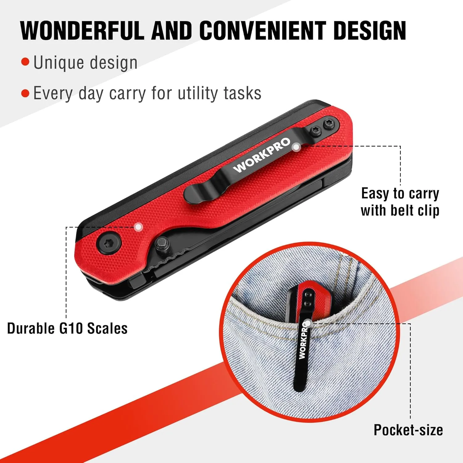 WORKPRO 2-in-1 Folding Knife/Utility Knife, Quick-Change Box Cutter with Belt Clip, Liner Lock, and G10 Handle, Extra 10 SK5 Blades Included, Red