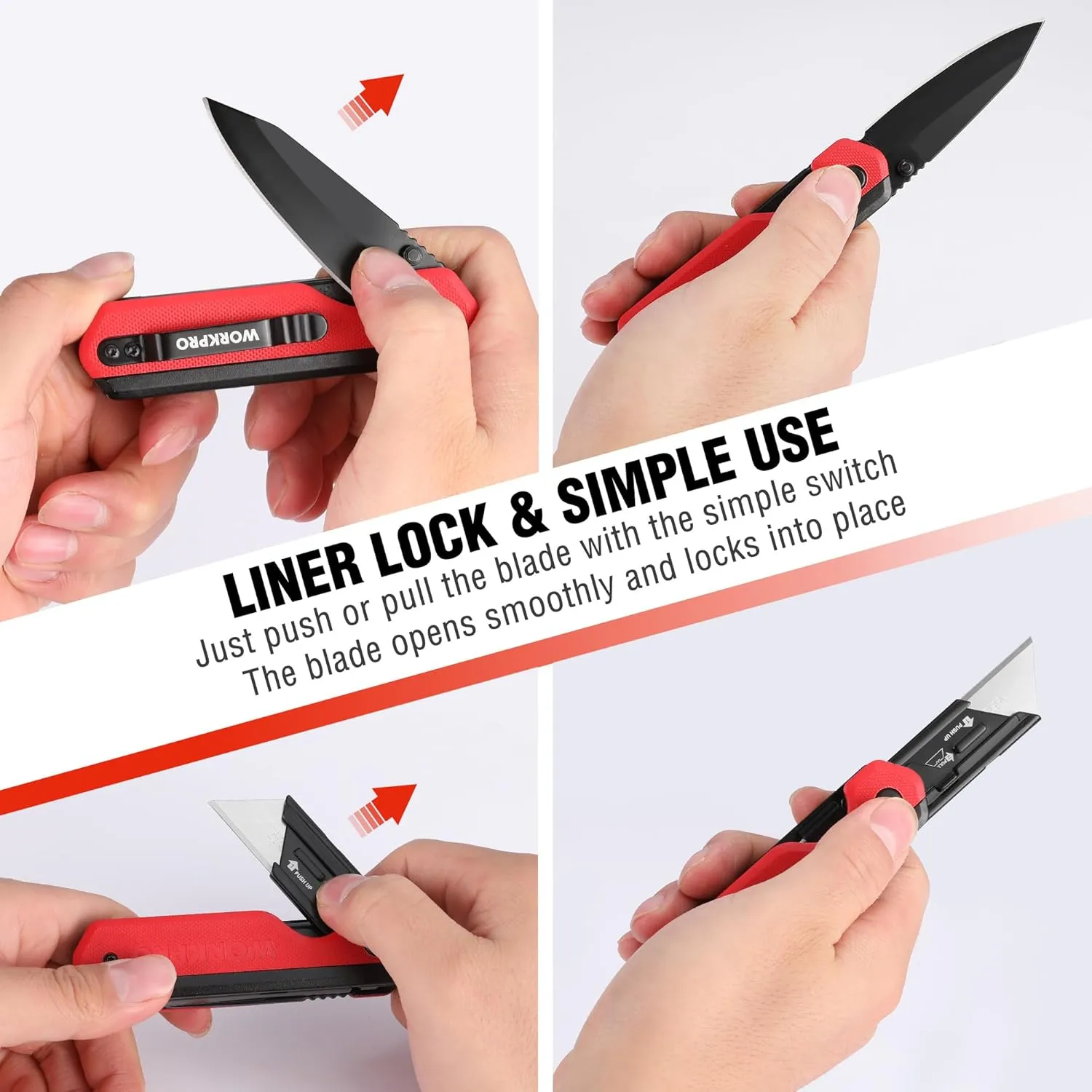 WORKPRO 2-in-1 Folding Knife/Utility Knife, Quick-Change Box Cutter with Belt Clip, Liner Lock, and G10 Handle, Extra 10 SK5 Blades Included, Red
