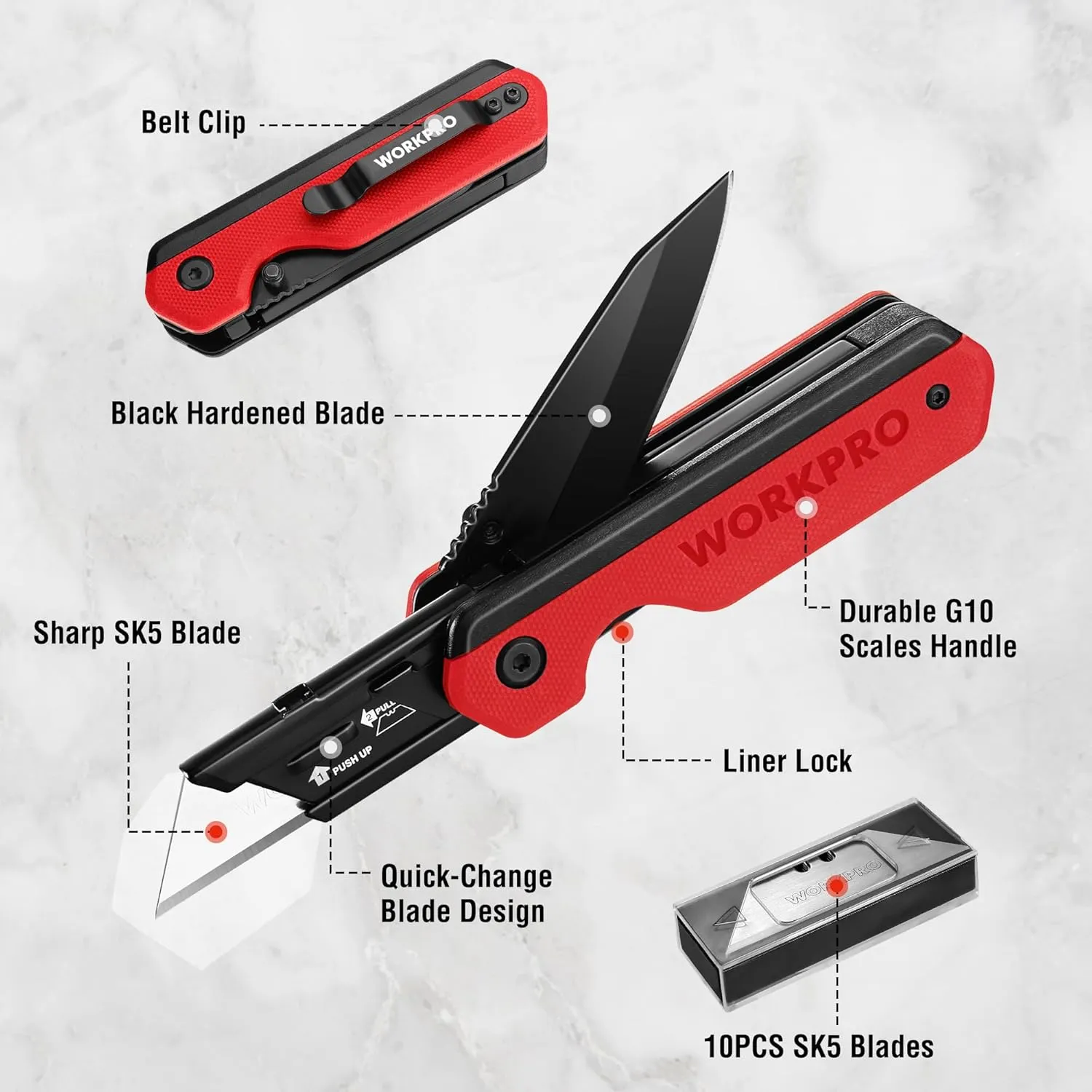 WORKPRO 2-in-1 Folding Knife/Utility Knife, Quick-Change Box Cutter with Belt Clip, Liner Lock, and G10 Handle, Extra 10 SK5 Blades Included, Red
