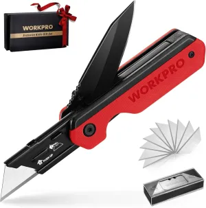 WORKPRO 2-in-1 Folding Knife/Utility Knife, Quick-Change Box Cutter with Belt Clip, Liner Lock, and G10 Handle, Extra 10 SK5 Blades Included, Red
