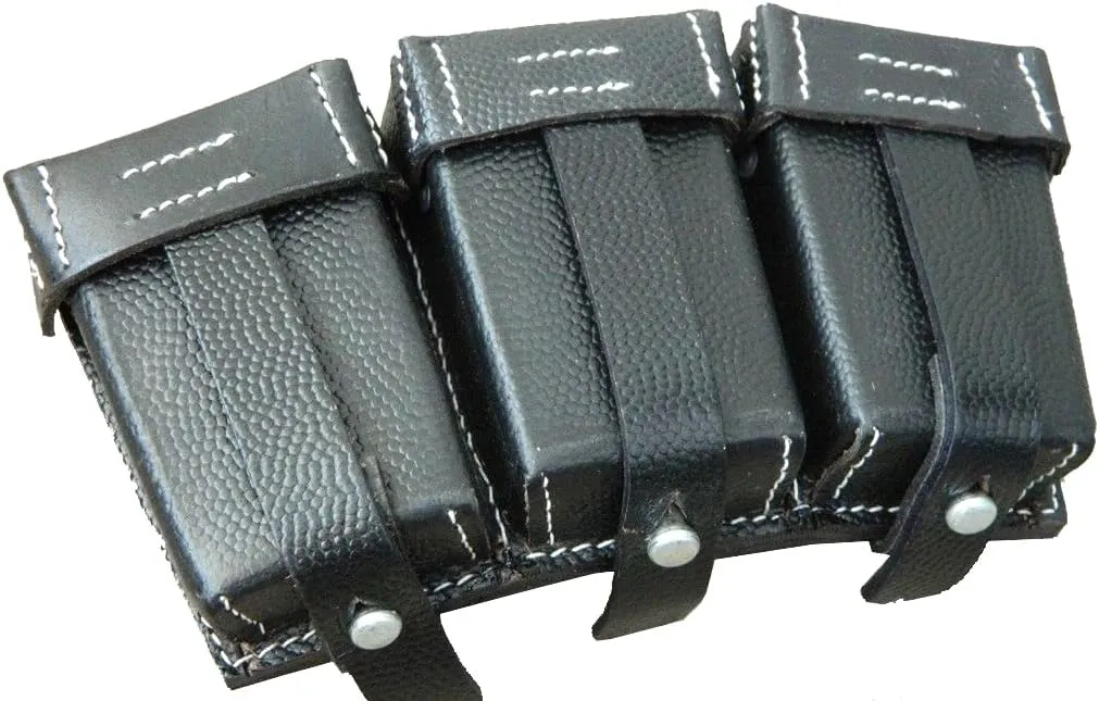 World War Repro WW2 German 98K K98 Mauser Rifle 8mm Triple Ammunition Pouch Black Leather Belt Pouch Carrier WWII Ammo Pouch